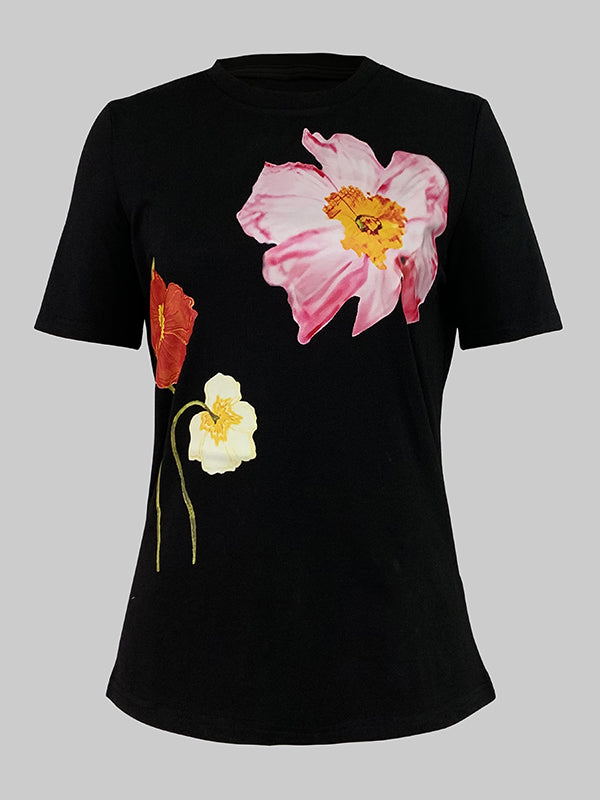 Floral Printed Split-Joint Short Sleeves Skinny Round-Neck T-Shirts