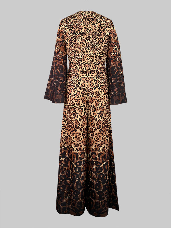 Leopard Printed Flared Sleeves Long Sleeves Round-Neck Jumpsuits