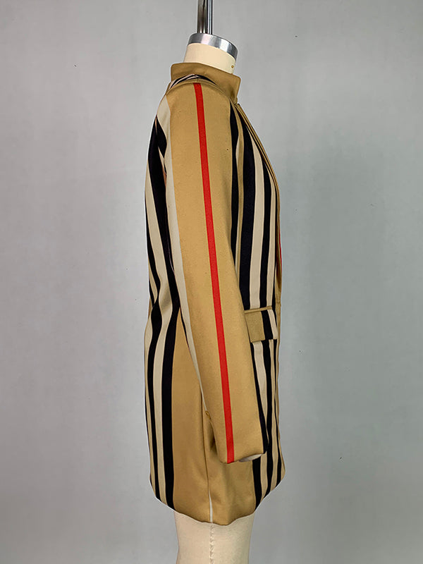 Buttoned Split-Joint Striped Long Sleeves Loose Stand Collar Woolen Coat