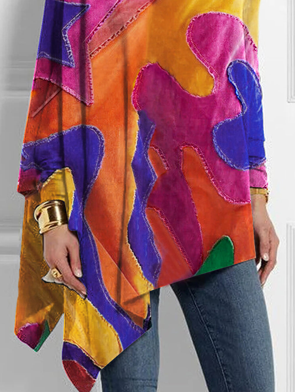 Asymmetric Contrast Color Long Sleeves Loose High Neck T-Shirts Tops