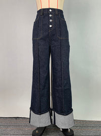 Contrast Color Split-Joint High Waisted Straight Leg Jean Pants Bottoms