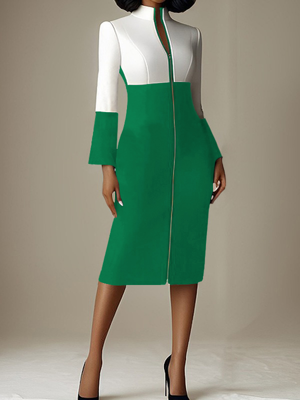 Contrast Color Split-Joint Zipper Long Sleeves Stand Collar Midi Dresses