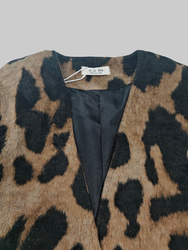 Buttoned Leopard Pockets Split-Joint Long Sleeves Loose V-Neck Trench Coats Outerwear