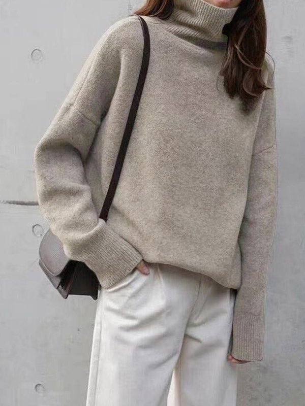 Casual Loose Long Sleeves Solid Color High-Neck Sweater Tops