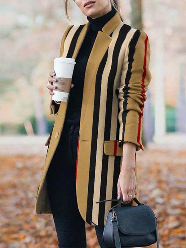 Buttoned Split-Joint Striped Long Sleeves Loose Stand Collar Woolen Coat