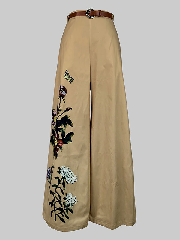 Belted Flower Print Pockets High Waisted Loose Trousers Pants