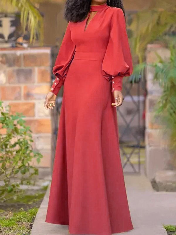 Buttoned Hollow Solid Color Split-Joint Long Sleeves Loose Round-Neck Maxi Dresses