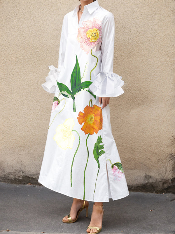 Floral Printed Split-Joint Split-side A-line Flared Sleeves Lapel Collar Shirt Dress Maxi Dresses