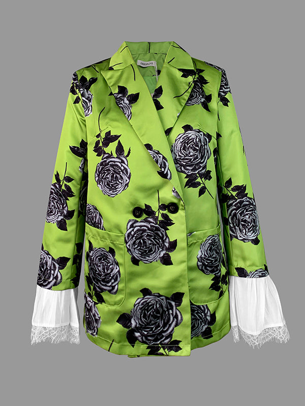 Flower Print Split-Joint Long Sleeves Loose Notched Collar Outerwear Blazer