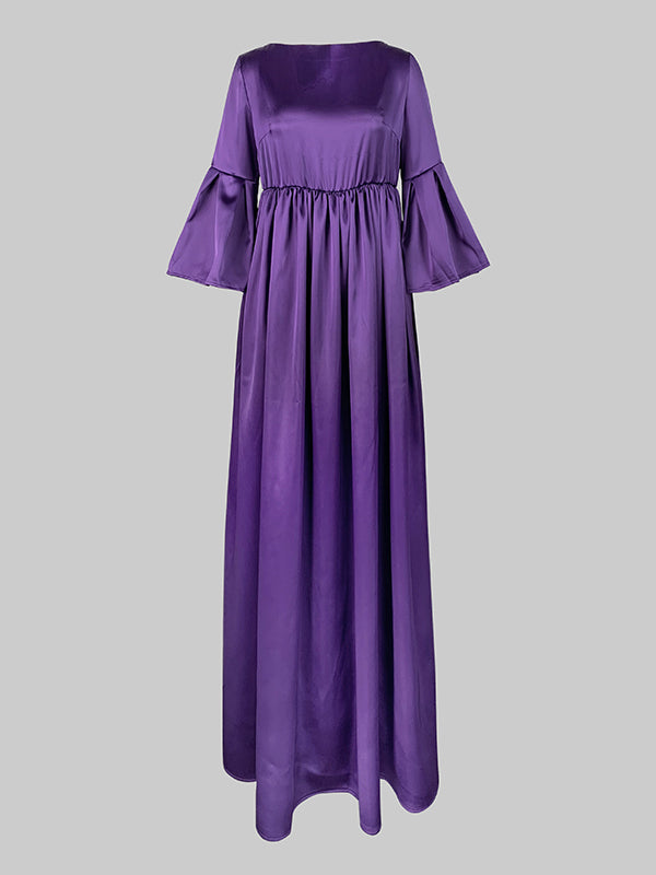 Pleated Solid Color Split-Joint Flared Sleeves Loose Round-Neck Maxi Dresses