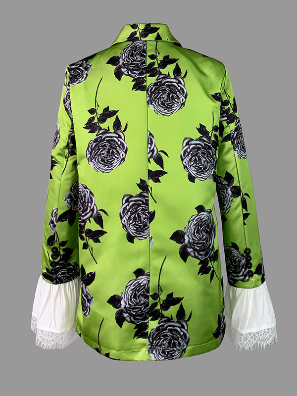 Flower Print Split-Joint Long Sleeves Loose Notched Collar Outerwear Blazer