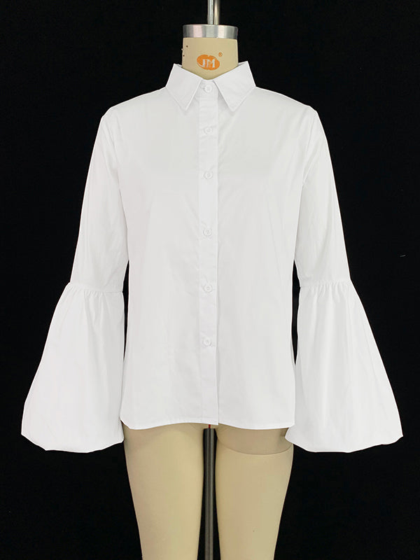 Buttoned Elasticity Solid Color Split-Joint Long Sleeves Loose Stand Collar Blouses&Shirts Tops