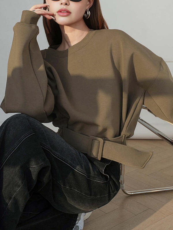 Belt Buckle Solid Color Long Sleeves Loose Round-Neck Sweatshirt Tops