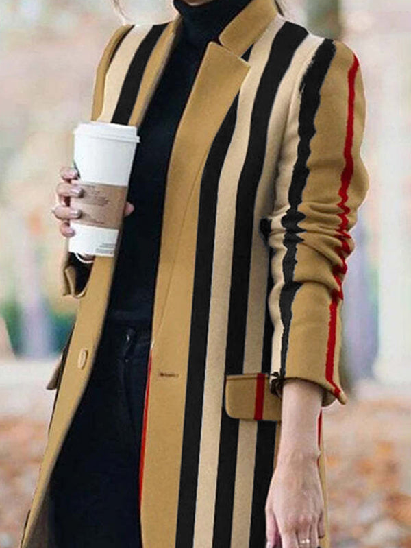 Buttoned Split-Joint Striped Long Sleeves Loose Stand Collar Woolen Coat