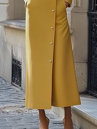 Buttoned Pockets Solid Color Split-Joint Long Sleeves Loose Stand Collar Maxi Dresses