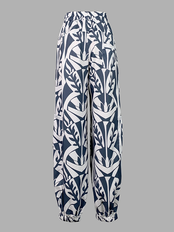 Drawstring Elasticity Pockets Printed Split-Joint Harem Pants Loose Trousers Pants