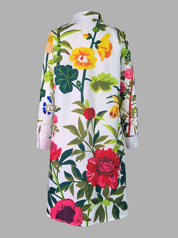 Flower Print Pockets Split-Joint A-Line Long Sleeves Lapel Midi Dresses