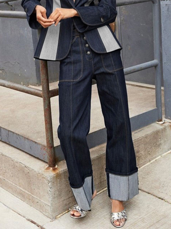 Contrast Color Split-Joint High Waisted Straight Leg Jean Pants Bottoms