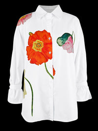 Flower Print Split-Joint Tied Flared Sleeves Long Sleeves Stand Collar Blouses&Shirts Tops