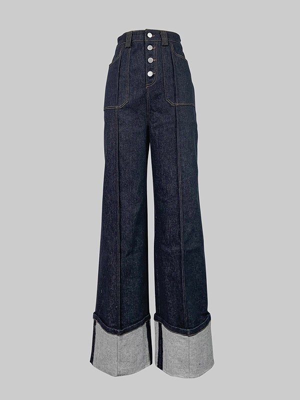 Contrast Color Split-Joint High Waisted Straight Leg Jean Pants Bottoms