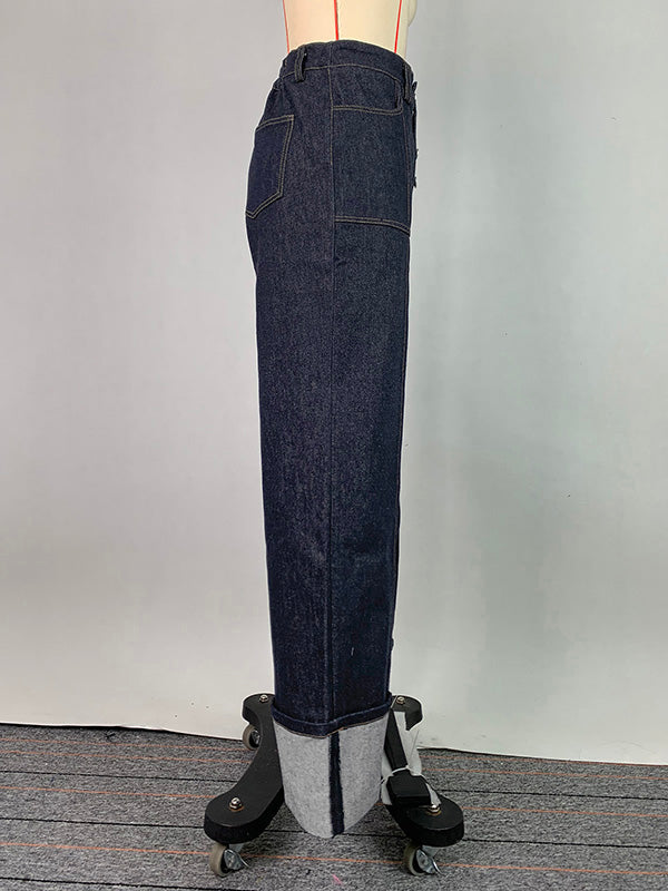 Contrast Color Split-Joint High Waisted Straight Leg Jean Pants Bottoms