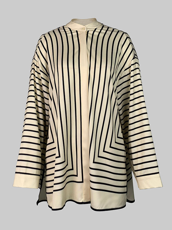 Buttoned Striped Long Sleeves Loose Stand Collar Blouses&Shirts Tops