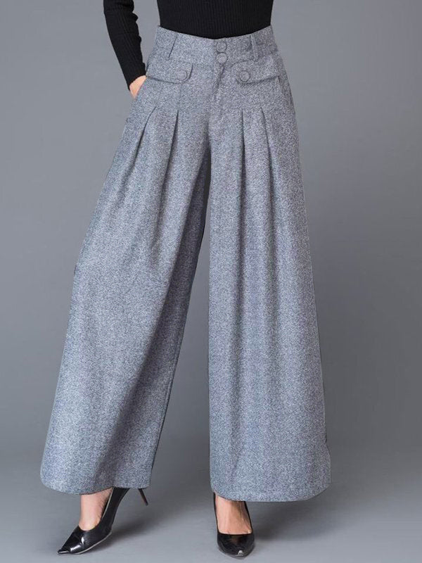 Buttoned No Belt Pleated Pockets Solid Color Split-Joint Loose Wide Leg Trousers Pants