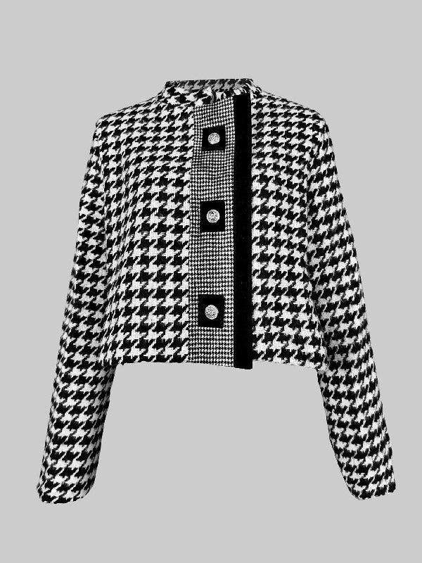 Stylish Long Sleeves Loose Houndstooth Stand Collar Jackets