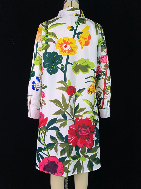 Flower Print Pockets Split-Joint A-Line Long Sleeves Lapel Midi Dresses