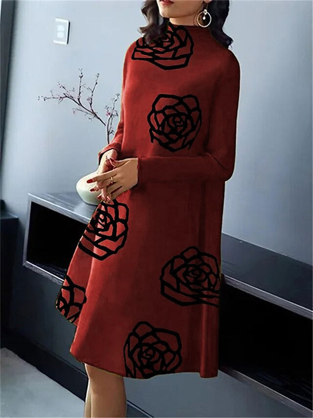 Flower Print A-line Long Sleeves Mock Neck Midi Dresses