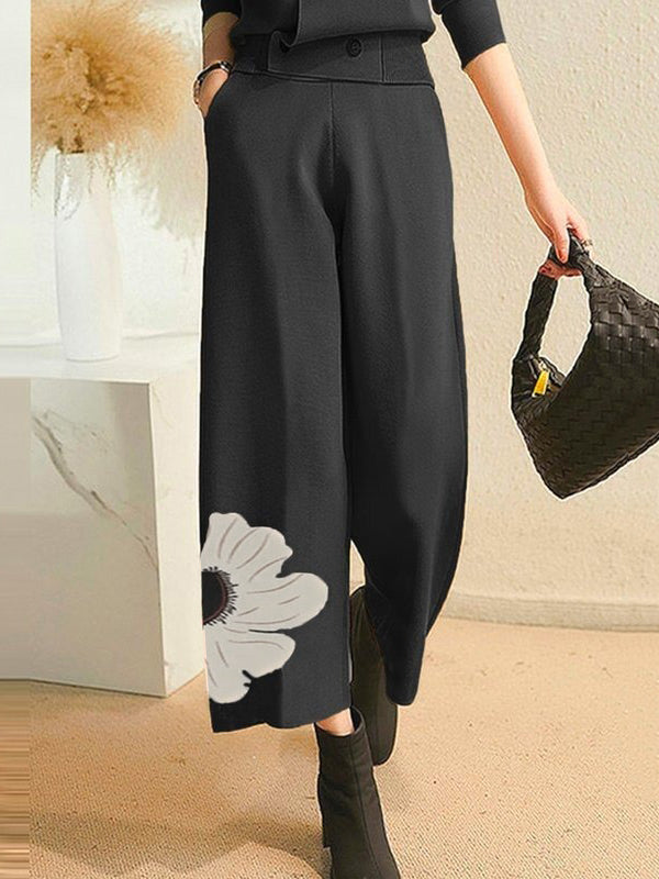 Asymmetric Floral Printed High Waisted Loose Trousers Pants