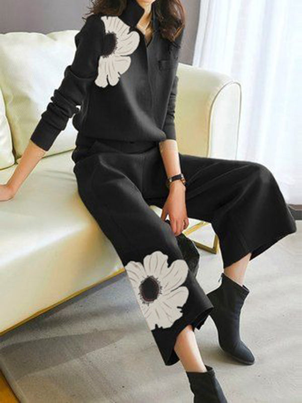 Asymmetric Floral Printed Split-Joint Long Sleeves Loose Lapel Cardigan Tops