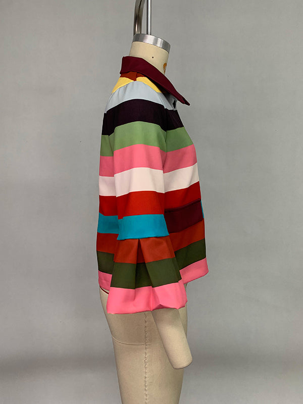 Flared Sleeves Multi-Colored Striped Lapel Jackets Outerwear