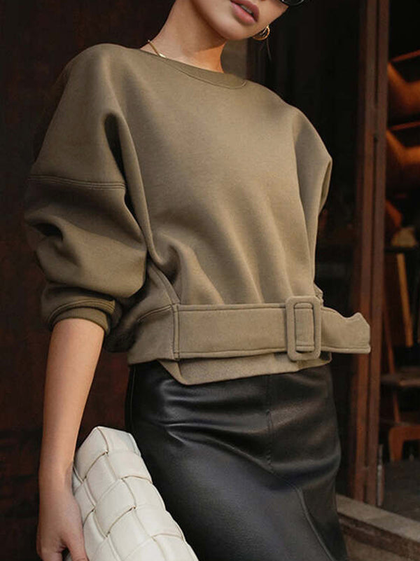 Belt Buckle Solid Color Long Sleeves Loose Round-Neck Sweatshirt Tops