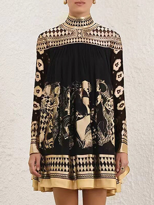 Bronzing Printed Split-Joint A-line Long Sleeves Mock Neck Mini Dresses