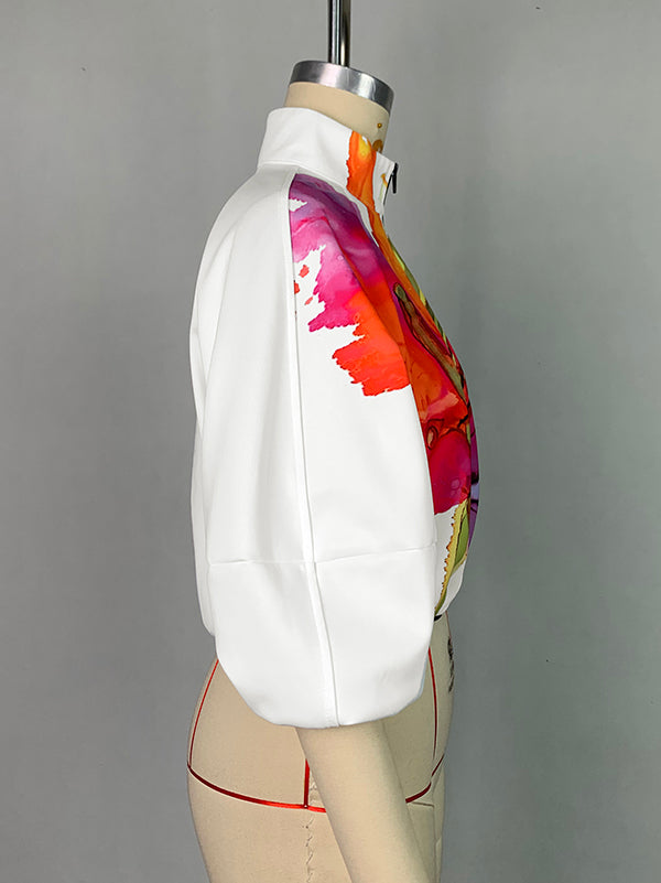 Asymmetric Floral Printed Split-Joint Loose Puff Sleeves High Neck Outerwear