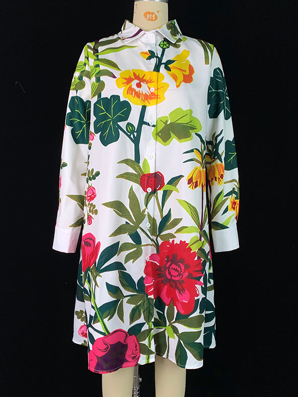 Flower Print Pockets Split-Joint A-Line Long Sleeves Lapel Midi Dresses