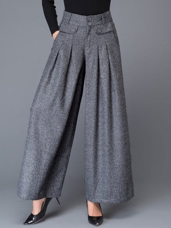 Buttoned No Belt Pleated Pockets Solid Color Split-Joint Loose Wide Leg Trousers Pants