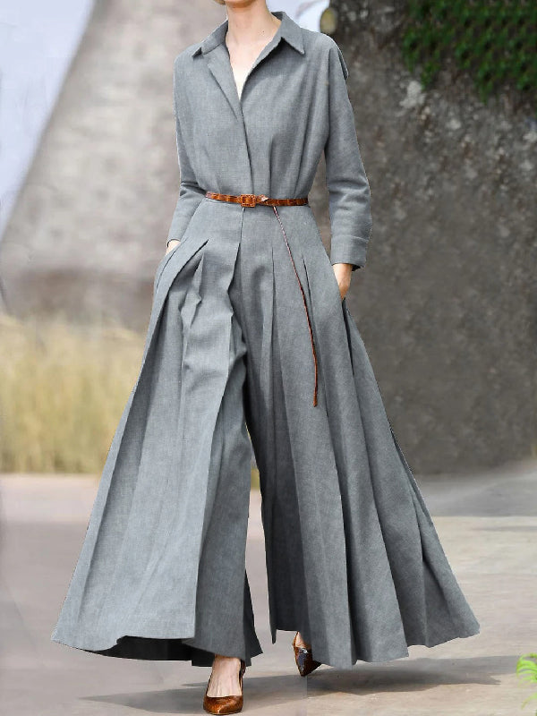 Long Sleeves Wide Leg Pleated Lapel Jumpsuits