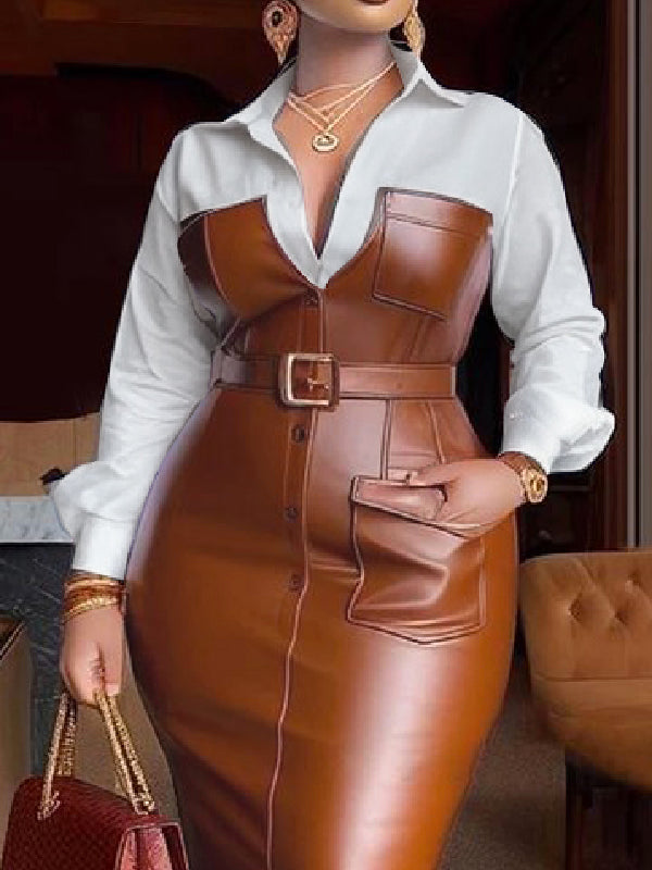 Belted Buttoned Split-Joint Long Sleeves Skinny Lapel Shirt Dress Midi Dresses