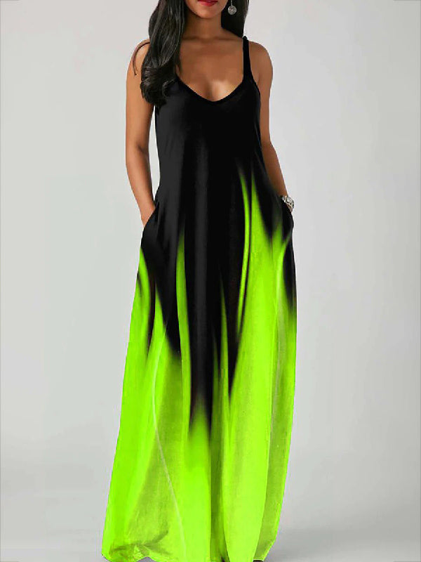 Loose Sleeveless Contrast Color Gradient Spaghetti-Neck Maxi Dresses