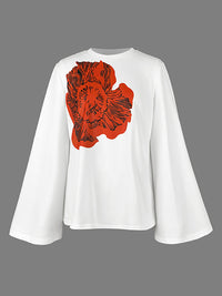 Flower Print Flared Sleeves Long Sleeves High Neck T-Shirts Tops