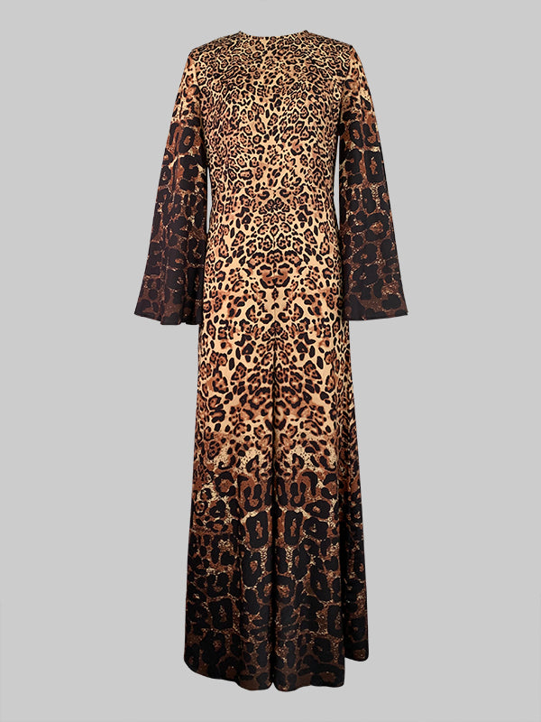 Leopard Printed Flared Sleeves Long Sleeves Round-Neck Jumpsuits