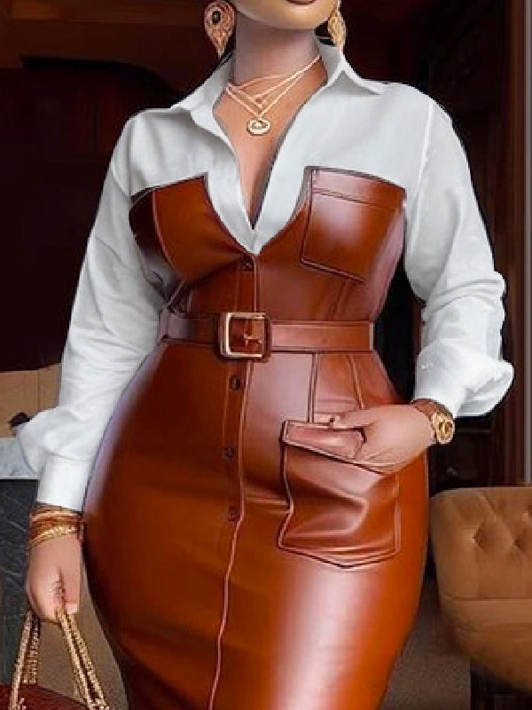 Belted Buttoned Split-Joint Long Sleeves Skinny Lapel Shirt Dress Midi Dresses