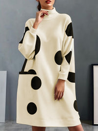 Pockets Polka-Dot Long Sleeves Loose Mock Neck Midi Dresses