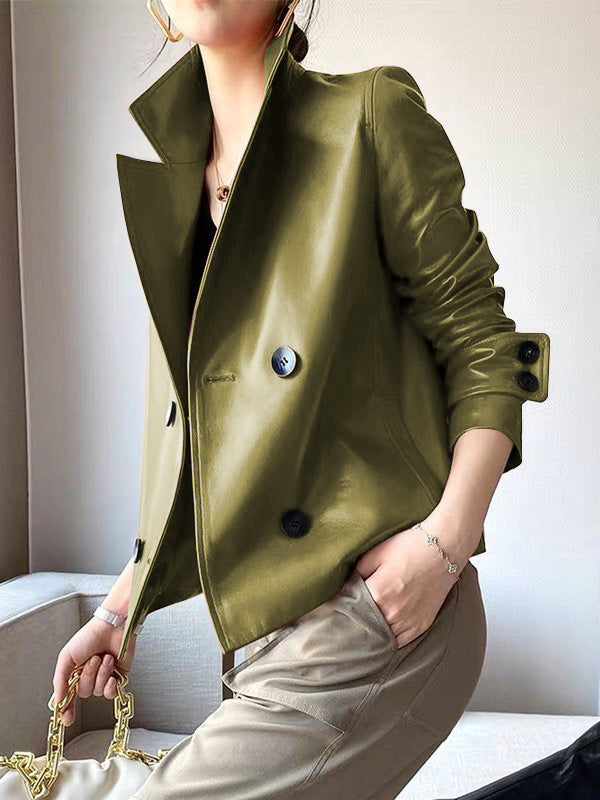 Buttoned Solid Color Long Sleeves Notched Collar Outerwear Jackets&Coats