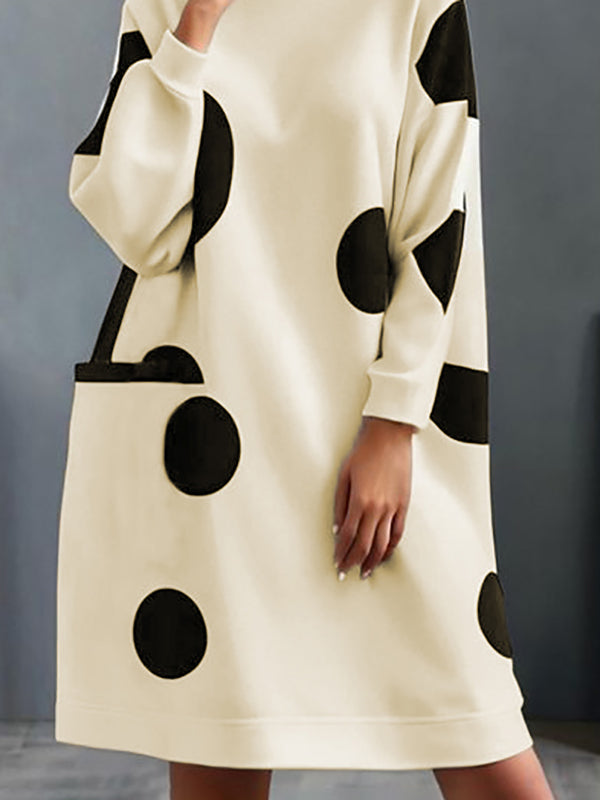 Pockets Polka-Dot Long Sleeves Loose Mock Neck Midi Dresses