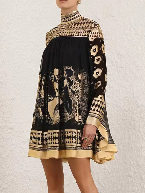 Bronzing Printed Split-Joint A-line Long Sleeves Mock Neck Mini Dresses