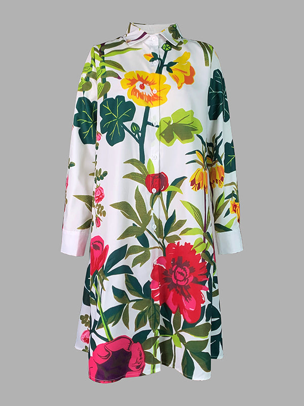 Flower Print Pockets Split-Joint A-Line Long Sleeves Lapel Midi Dresses