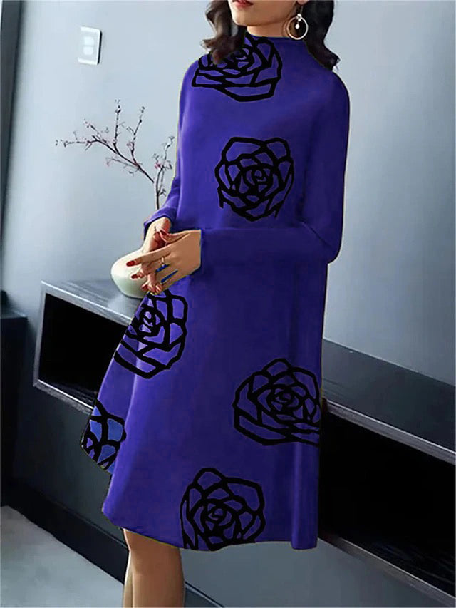 Flower Print A-line Long Sleeves Mock Neck Midi Dresses